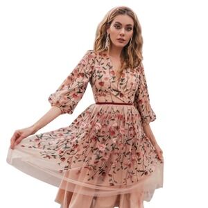 NWT Jessakae Holly Dress Embroidered Floral Tea Length Pink Tulle Large